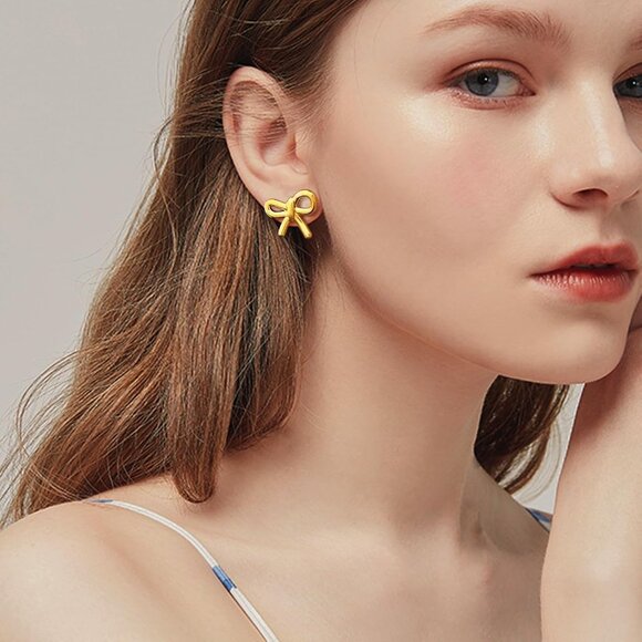 Women's 18K Gold-plated Zircon Earrings Hoop Dangle Bow 2 Earring Silver Gold - Picture 6 of 7